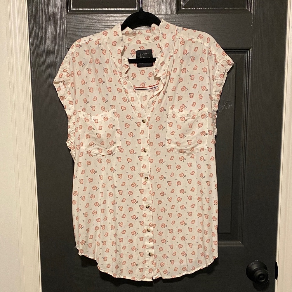 JACHS Girlfriend White and Pink Floral Button-Down Shirt